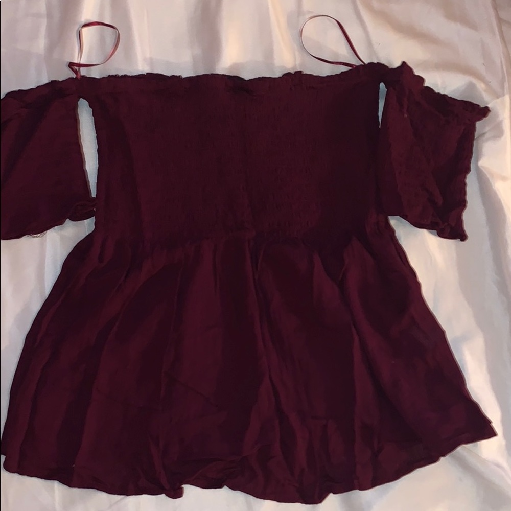 Off the shoulder burgundy shirt